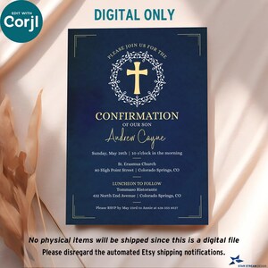 Boy Confirmation Invitation, Blue Watercolor Cross Wreath Template, Editable 5x7 Boy Holy Sacrament Invite, First Communion Printable Evite image 5
