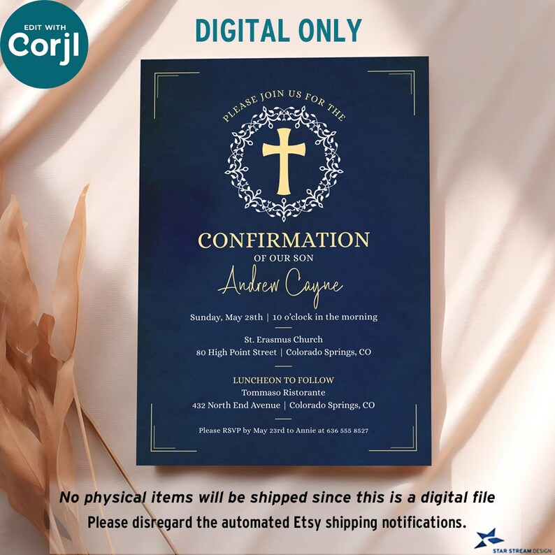 Boy Confirmation Invitation, Blue Watercolor Cross Wreath Template, Editable 5x7 Boy Holy Sacrament Invite, First Communion Printable Evite image 5