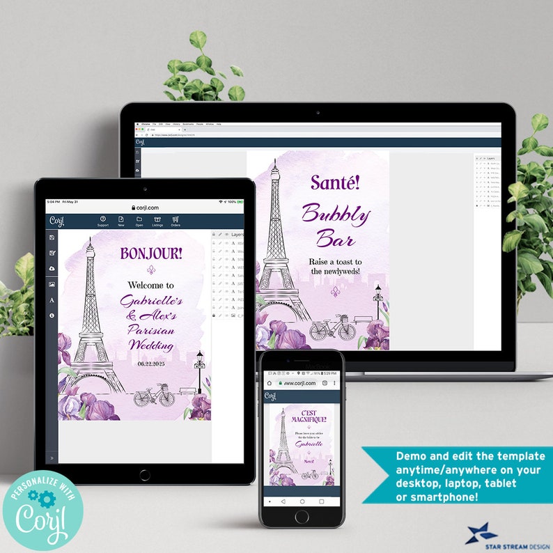 K&ouml;nnte beinhalten: Eine digitale Vorlage f&uuml;r ein Pariser Hochzeits-Schild mit Aquarellhintergrund und einer Zeichnung des Eiffelturms. Der Text lautet "Bonjour! Willkommen zur Pariser Hochzeit von Gabrielle und Alex am 06.22.2025".
