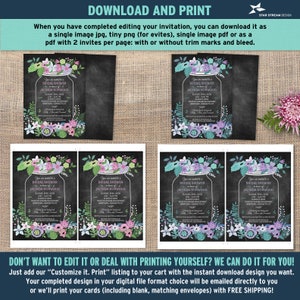 Pode incluir: Modelo de convite para ch&aacute; de panela imprim&iacute;vel com um frasco de vidro com flores em um fundo de quadro negro. O texto diz "Voc&ecirc; est&aacute; convidada para um Ch&aacute; de Panela em homenagem a Jacinda Norwood".