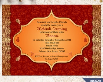 Red Paisley Mehndi Invitation Template: Gilded Edge Design (PDF)