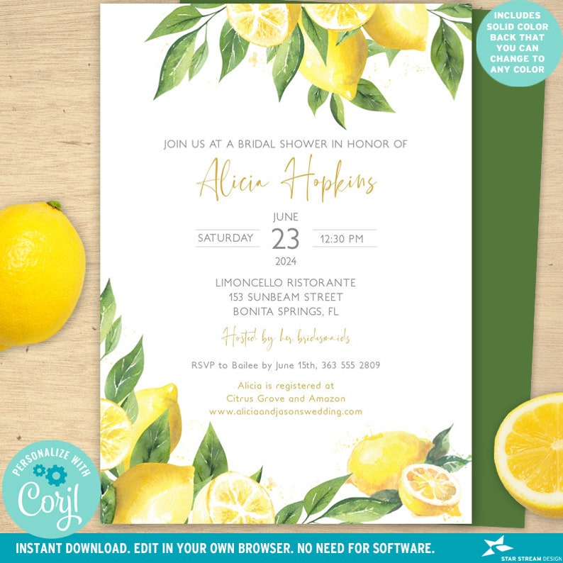 K&ouml;nnte beinhalten: Eine Zitronen-Motto-Einladung zu einer Bridal Shower mit Aquarell-Illustrationen von Zitronen und Gr&uuml;npflanzen. Die Einladung enth&auml;lt den Namen der Braut, Alicia Hopkins, das Datum und die Uhrzeit der Shower sowie den Ort: Limoncello Ristorante, 153 Sunbeam Street, Bonita Springs, FL. Die Einladung enth&auml;lt auch den Text "Hosted by her bridesmaids" und RSVP-Informationen.