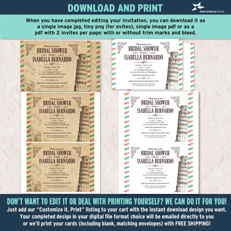 May include: A digital bridal shower invitation template featuring the Leaning Tower of Pisa, vintage map background, and red and green striped borders. The text reads Please join us at a BRIDAL SHOWER to honor ISABELLA BERNARDO.