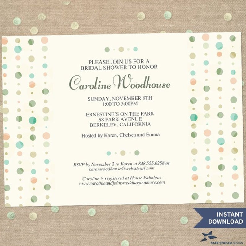 Printable Subtle Polka Dot Columns Bridal Wedding Shower Party Invitation Template, Editable PDF, Instant Download image 1