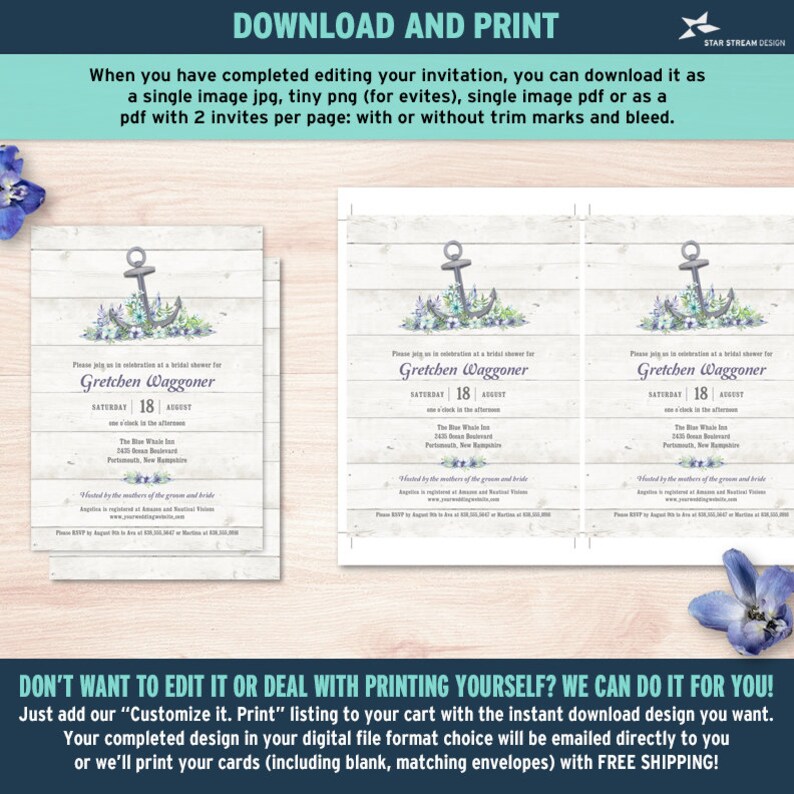 Puede incluir: Una invitaci&oacute;n imprimible para una despedida de soltera con tem&aacute;tica n&aacute;utica. La invitaci&oacute;n presenta un ancla azul con cuerda blanca, flores azules y blancas y un fondo de madera blanca. El texto de la invitaci&oacute;n dice: "Por favor, &uacute;nase a nosotros para celebrar una despedida de soltera para Gretchen Waggoner, s&aacute;bado 18 de agosto, a la 1:00 p. m., The Blue Whale Inn, 525 Ocean Boulevard, Portsmouth, New Hampshire. Organizado por las madres del novio y la novia. RSVP antes del 1 de agosto a [email protected] o al [n&uacute;mero de tel&eacute;fono]."