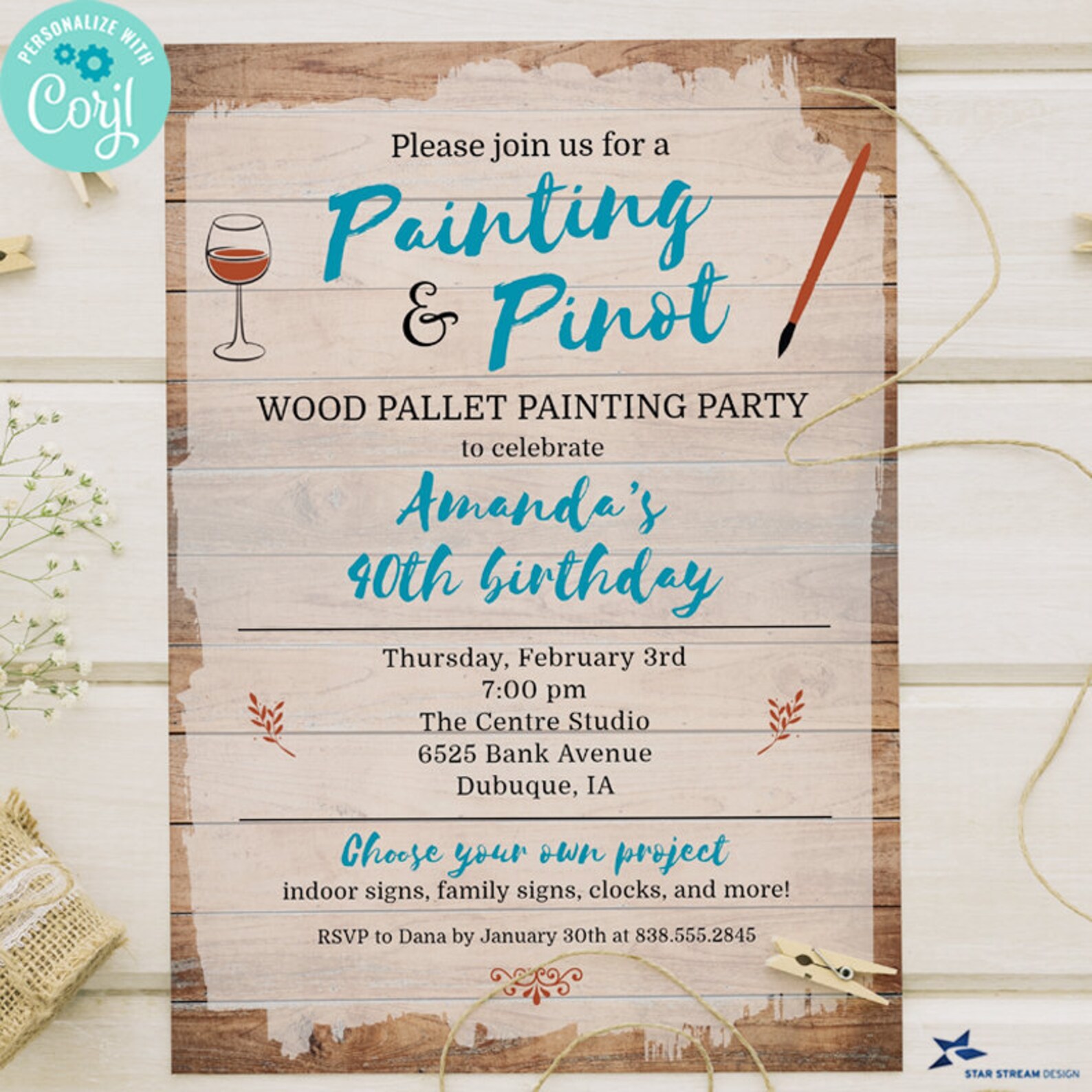 Wood Pallet Sign Painting Party Invitation for Birthday Etsy