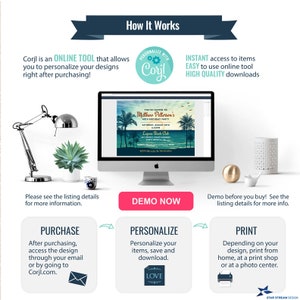 May include: A digital illustration of a beach-themed birthday invitation with palm trees, a sunset, and the text "You're invited to Matthew Patterson's 30th Birthday Party". The invitation is displayed on a computer screen with a white background. The text "DEMO NOW" is on a pink button below the computer screen. The text "PERSONALIZE WITH Corjl" is on a blue circle with a gear icon. The text "INSTANT access to items EASY to use online tool HIGH QUALITY downloads" is on a white rectangle with a blue border. The text "PURCHASE" is on a blue rectangle with a white border. The text "PERSONALIZE" is on a blue rectangle with a white border. The text "PRINT" is on a blue rectangle with a white border. The text "After purchasing, access the design through your email or by going to Corjl.com." is on a white rectangle with a blue border. The text "Personalize your items, save and download." is on a white rectangle with a blue border. The text "Depending on your design, print from home, at a print shop or at a photo center." is on a white rectangle with a blue border. The text "LOVE" is on a blue heart. The text "STAR STREAM DESIGN" is on a blue star.