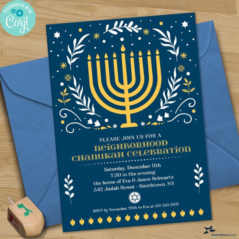 Elegant blue and gold Hanukkah invitation featuring a large gold menorah surrounded by white botanical branches, stars, decorative floral accents, and Jewish holiday symbols. The invitation has a sophisticated, festive design with editable event details and space for party information.