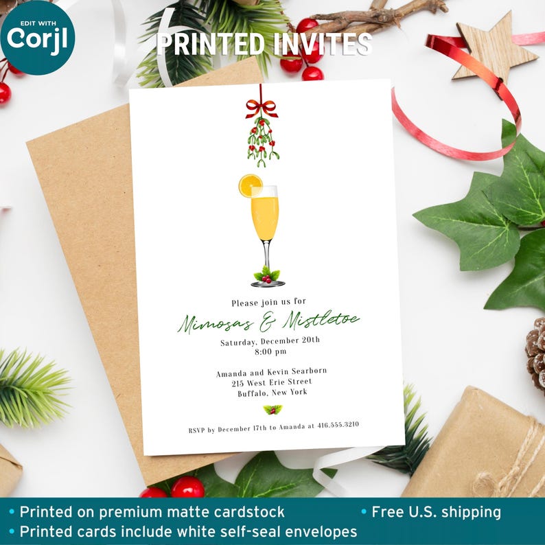 May include: A white invitation card featuring a watercolor illustration of a mimosa cocktail garnished with an orange slice and a sprig of mistletoe tied with a red ribbon. The text reads Mimosas & Mistletoe, Saturday, December 20th, 8:00 pm.