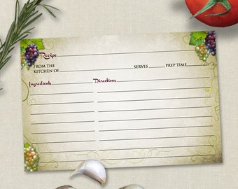 Rustic Vineyard Grapevine Bridal Wedding Shower Recipe Card, Instant Download PDF