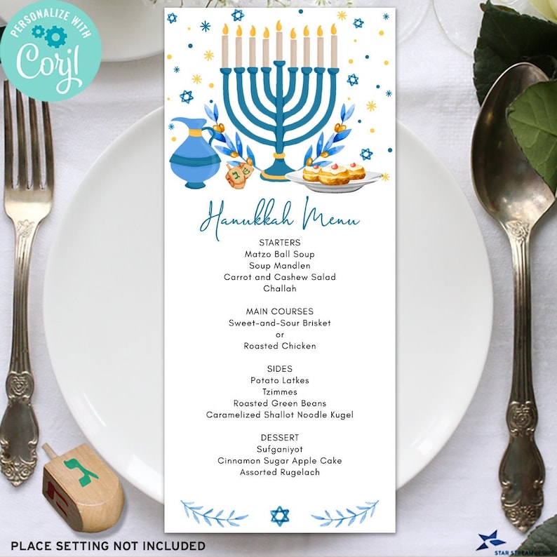 Two-sided 4x9 inch Hanukkah menu card with a watercolor blue, gold and white design. The front features a large blue and gold menorah, dreidels, sufganiyot and decorative stars, with editable menu text. The back features a repeating pattern of blue watercolor olive branches with gold accents. Elegant Jewish holiday dinner menu design.