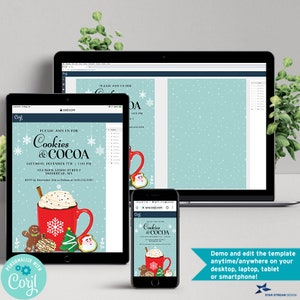 May include: A digital invitation for a Cookies & Cocoa party. The invitation features a red mug with hot chocolate and whipped cream, a gingerbread man, a Christmas tree, and a Santa Claus cookie. The text on the invitation reads "Please join us for Cookies & Cocoa, Saturday, December 7th, 1:00 PM, 824 Rock Ledge Street, Moorhead, MN. RSVP by December 4th to [phone number]."