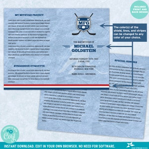 May include: A blue and white bar mitzvah invitation with a hockey theme. The invitation features a hockey stick and puck with the initials "MFG" and the date "02-24". The text "The Bar Mitzvah of Michael Goldstein" is printed in a bold font. The invitation also includes the date and time of the event, the synagogue name and address, and the rabbi's name.