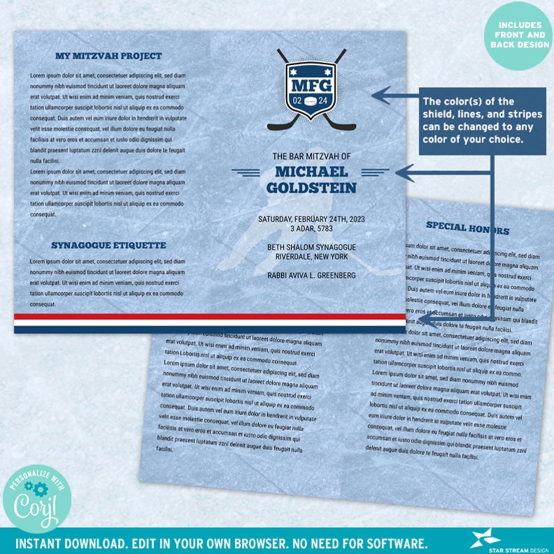 May include: A blue and white bar mitzvah invitation with a hockey theme. The invitation features a hockey stick and puck with the initials "MFG" and the date "02-24". The text "The Bar Mitzvah of Michael Goldstein" is printed in a bold font. The invitation also includes the date and time of the event, the synagogue name and address, and the rabbi's name.