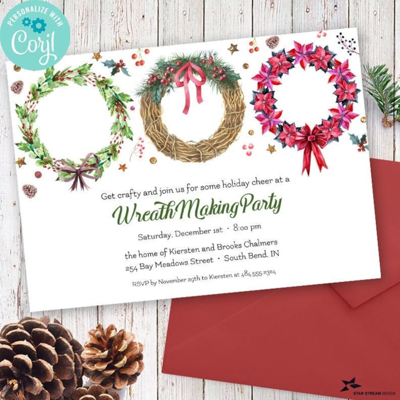 Christmas wreath-making party invitation featuring three colorful wreath designs made with greenery, berries, poinsettias, pine branches, bows, and other festive details. Elegant green script typography complements the watercolor-style holiday artwork on a white background. The back is solid green and can be customized to any color.