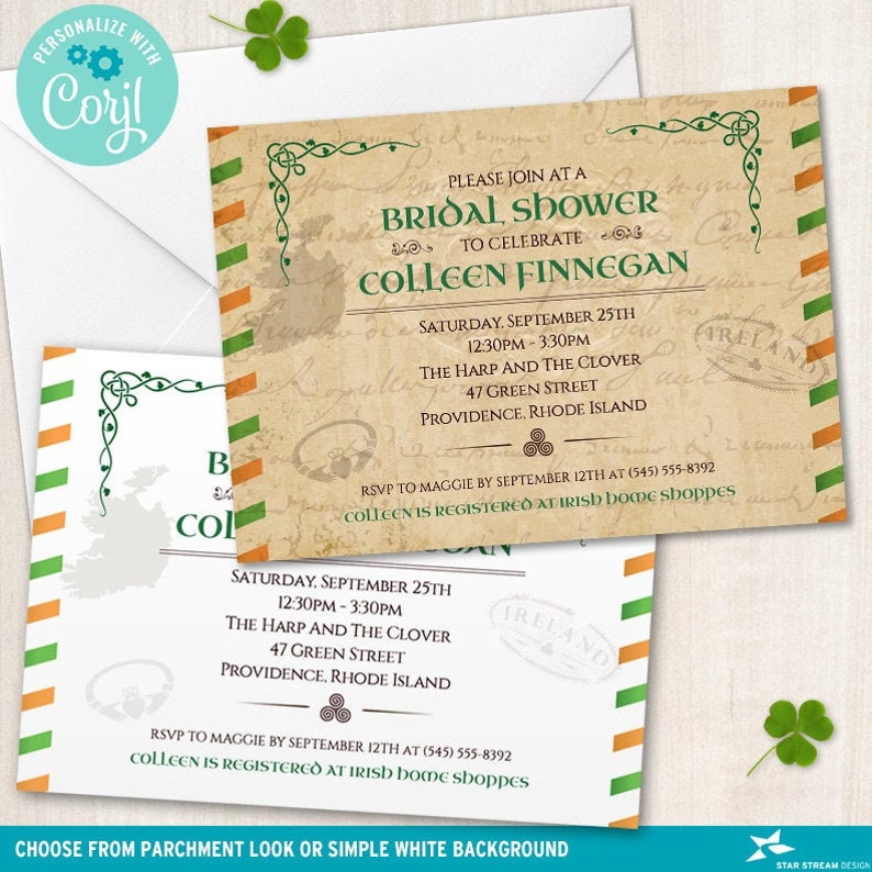 Vintage Irish Bridal Wedding Shower Invitation 7x5, Two sided Editable Digital Printable Template Edit Online & Print image 1