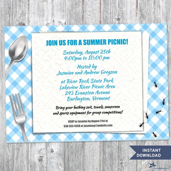 Blue Gingham Summer Picnic with Ants Party Printable Invitation Template, Editable PDF Instant Download Il_570xn