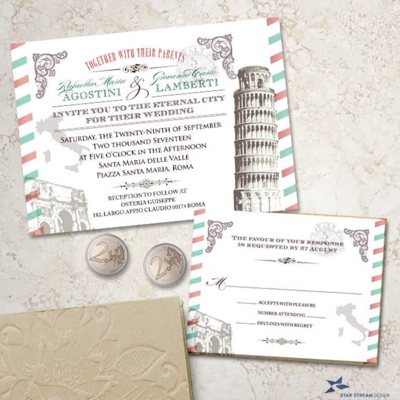Invitations Vintage Italian Wedding Stationery Set; Invitation and Reply Card Printable US Only Evite or Printed