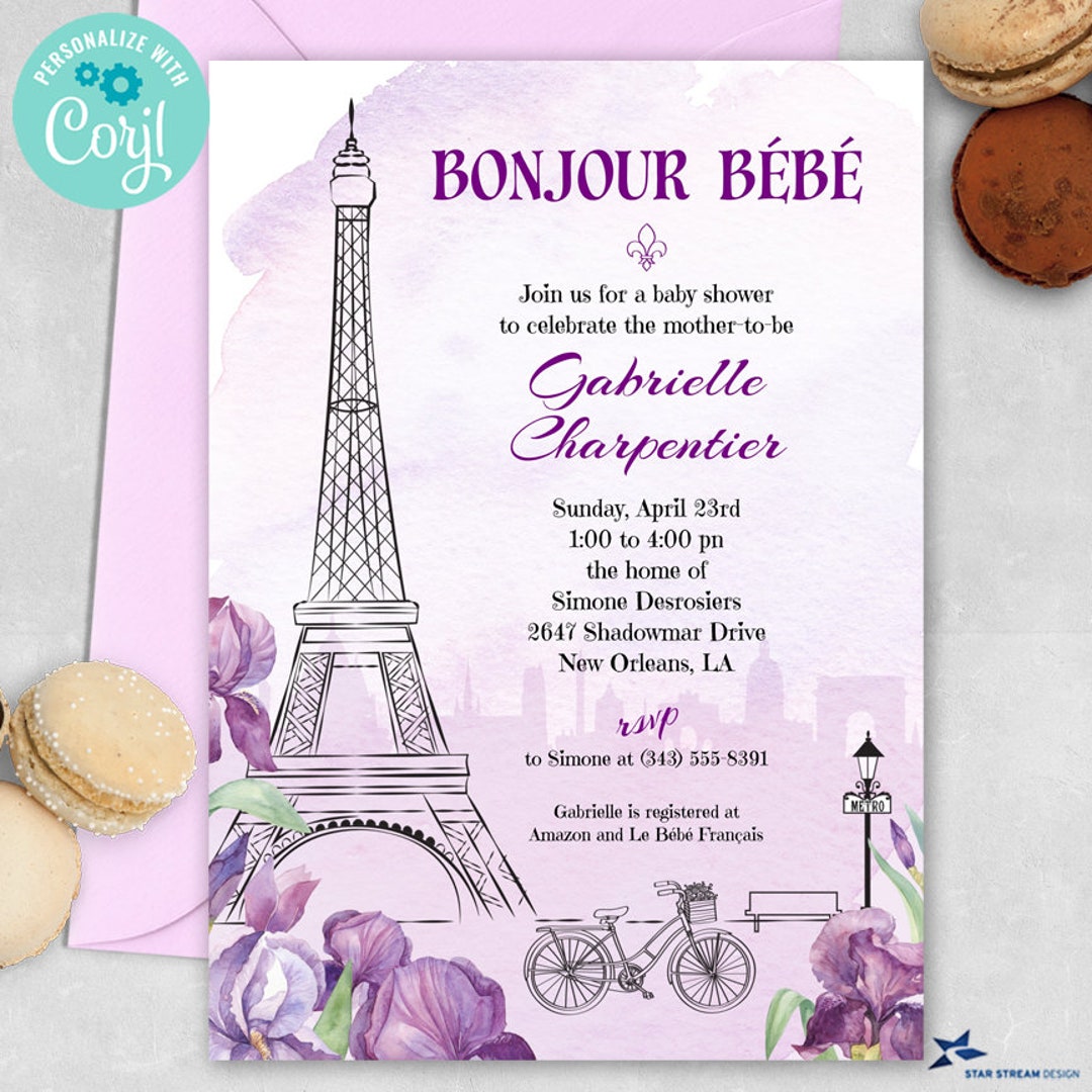 Paris Purple Iris French Baby Shower Invitation 2-sided 5x7 