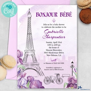 Paris Purple Iris French Baby Shower Invitation | 2-sided, 5x7 | Editable Digital Printable Template | Edit Online & Print