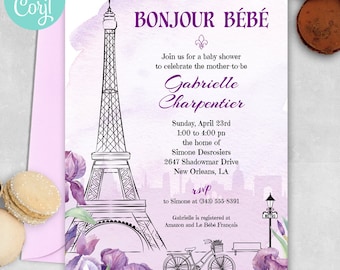 Paris Purple Iris French Baby Shower Invitation | 2-sided, 5x7 | Editable Digital Printable Template | Edit Online & Print