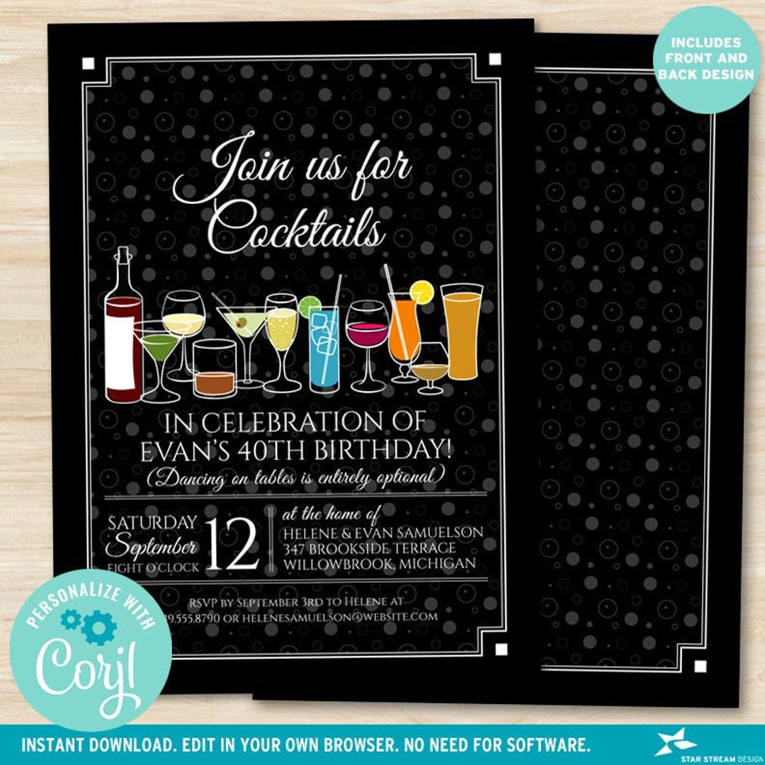 Retro Cocktails Party Invitation | 2-sided, 5x7 | Editable Digital  Printable Template | Edit Online \u0026 Print Yourself - Etsy, image size:1080x1080