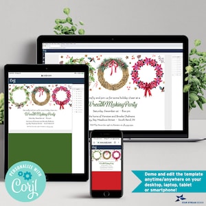 May include: A digital invitation for a wreath-making party, displayed on a laptop, tablet, and smartphone. The design features three wreath illustrations with red bows and floral accents. The text includes event details and the option to personalize with Corjl.