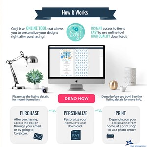 May include: A digital design template displayed on a computer screen, showcasing a Hanukkah invitation. The image includes the text "How It Works" and instructions for purchasing, personalizing, and printing the design using Corjl.