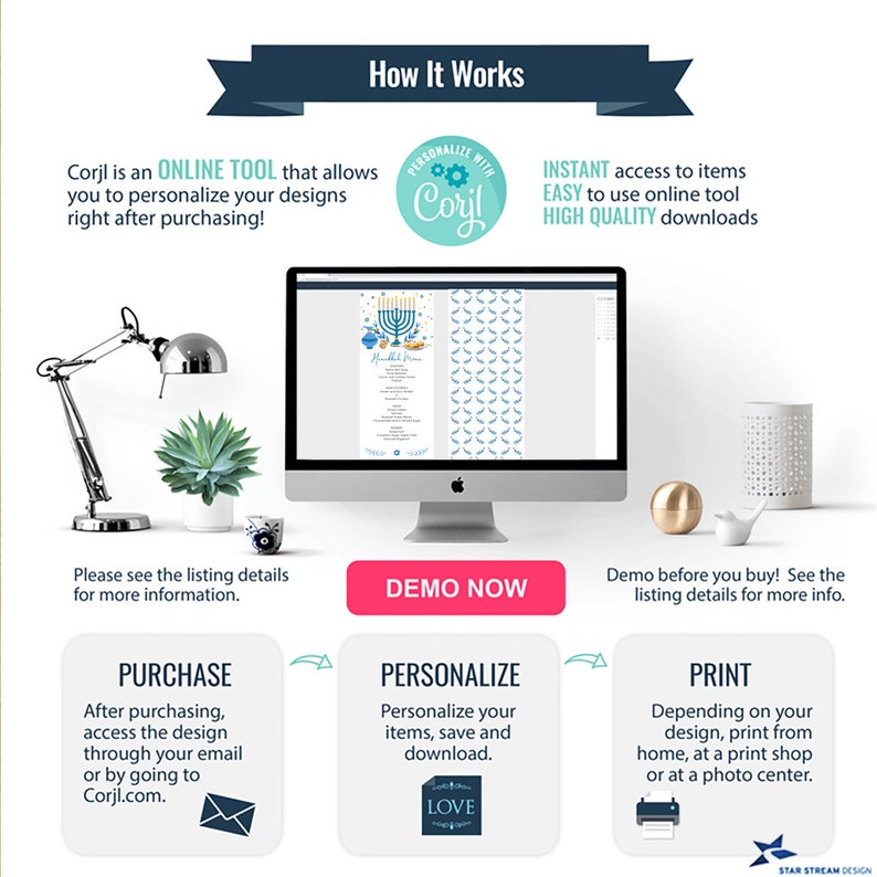 May include: A digital design template displayed on a computer screen, showcasing a Hanukkah invitation. The image includes the text "How It Works" and instructions for purchasing, personalizing, and printing the design using Corjl.