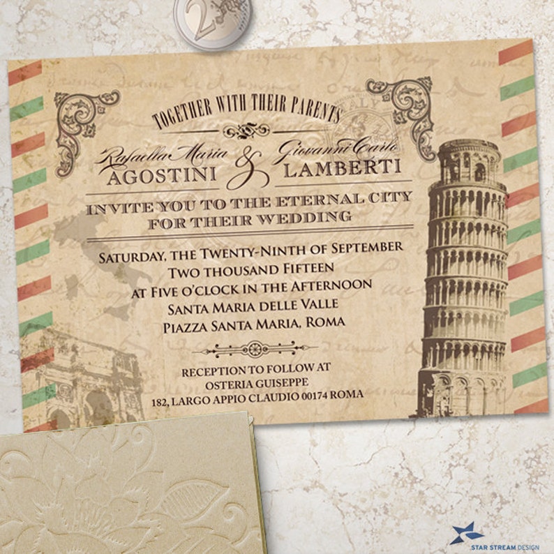 Invitations Vintage Italian Wedding Stationery Set; Invitation and Reply Card Printable US Only Evite or Printed