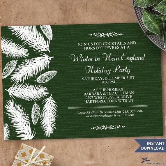 Wintry Green Pine Printable Christmas Holiday Party Invitation Template, 7"x5", Two Editable PDFs, Instant Download Il_570xn