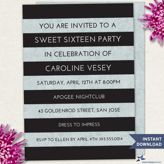 Printable Faux Silver and Black Stripes Party Invitation Template, 5"x7", Editable PDF Instant Download Il_570xn