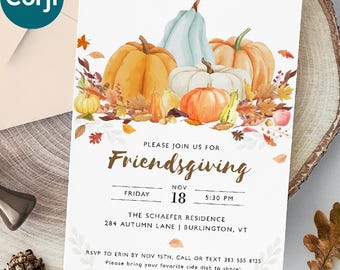 Pumpkin Friendsgiving Invitation, Thanksgiving Invite, Autumn Harvest Dinner Invites, Digital Download or Printed, Fall Party Corjl Template