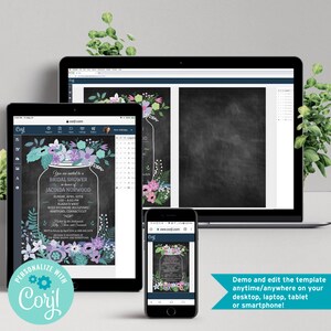 Pode incluir: Um modelo digital para um convite de ch&aacute; de panela. O convite apresenta um frasco de pedreiro cheio de flores e o texto "Voc&ecirc; est&aacute; convidada para um ch&aacute; de panela em homenagem a Jacinda Norwood".