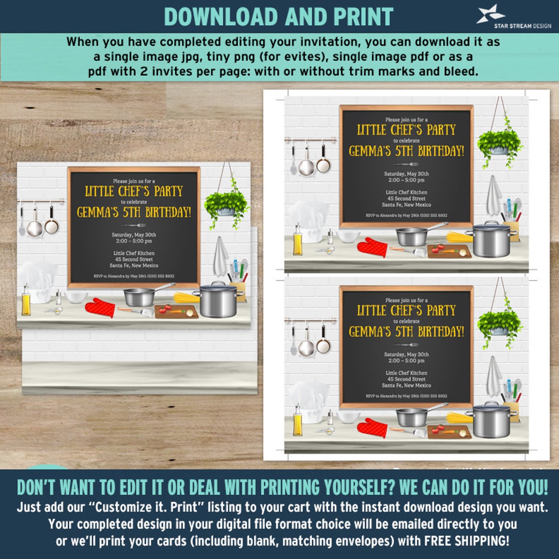Kitchen Chef Cooking Birthday Party Invitation 2sided 7x5