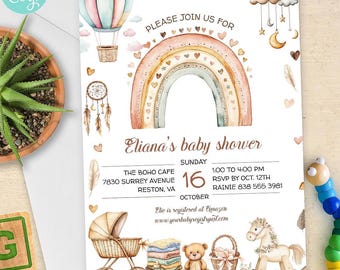 Watercolor Rainbow Baby Shower Invitation: Boho Sprinkle, Editable Template (Digital Printable 5x7)