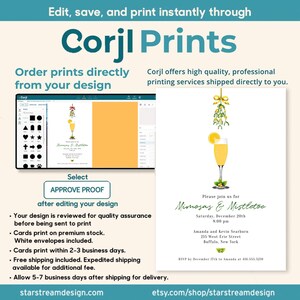 May include: A digital interface for Corjl Prints showing an invitation design with a mimosa cocktail and mistletoe illustration. The text reads Mimosas & Mistletoe, Saturday, December 20th, 8:00 pm, Amanda and Kevin Searborn, 215 West Erie Street, Buffalo, New York, and RSVP by December 17th to Amanda at 416.555.3210.