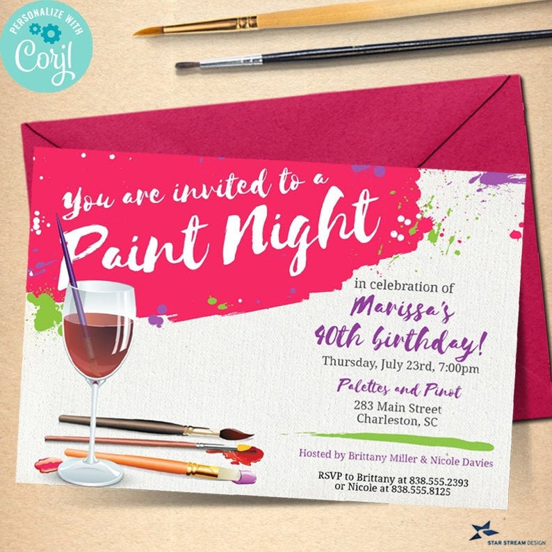 Paint Night, Paint and Sip Wine Glass Canvas Party Invitation 2-sided, 7x5 Editable Template Edit Online & Print image 1