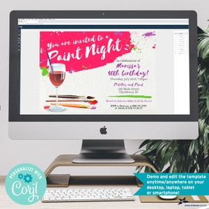 Paint Night, Paint and Sip Wine Glass Canvas Party Invitation 2-sided, 7x5 Editable Template Edit Online & Print image 5