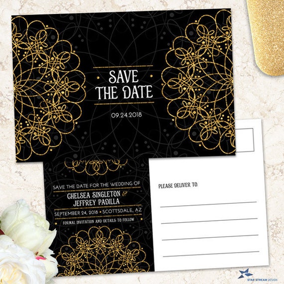 Elegant Mandala Faux Gold and Black Wedding Save the Date, Printable, Evite or Printed Postcards or Flat Card Announcements Il_570xn