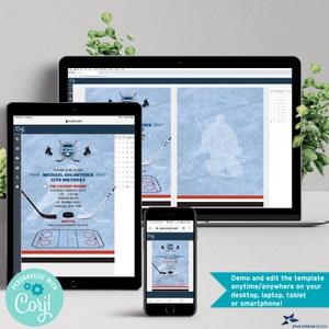 May include: A blue and white hockey-themed birthday invitation with a hockey player silhouette and the text "Please join us for Michael Goldstein's 12th Birthday". The invitation includes the date, time, and location of the party.
