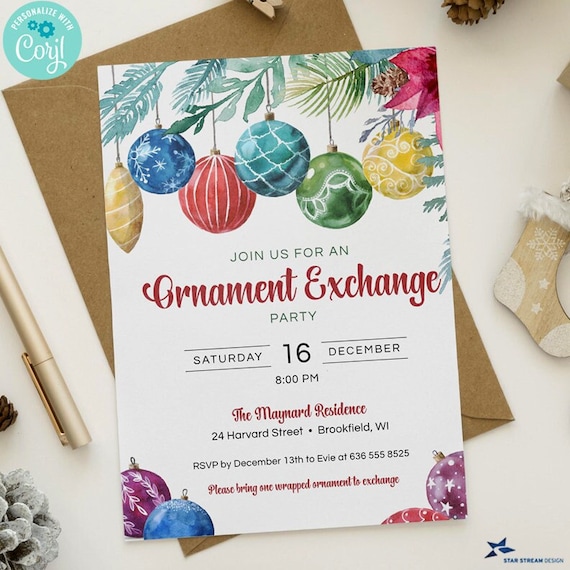 Watercolor Christmas Ornament Exchange Party Invitation 2sided, 5x7