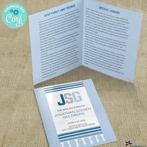 Blue Monogram Tallit Bar or Bat Mitzvah Program | 11"x8.5" Bifold | Editable Template | Edit Online & Print Yourself