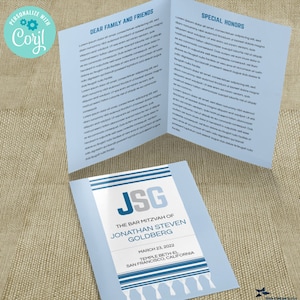 Blue Monogram Tallit Bar or Bat Mitzvah Program 11x8.5 Bifold Editable Template Edit Online & Print Yourself image 1