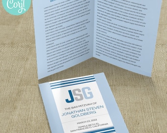 Blue Monogram Tallit Bar/Bat Mitzvah Bifold Program, Editable Corjl Template