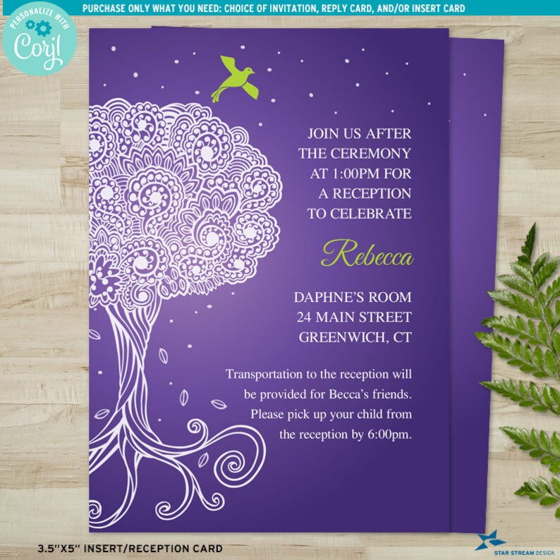 Ornate Tree of Life Bat Mitzvah Invitation, RSVP, and/or Insert 5 color options Editable Digital Template Edit Online & Print image 2