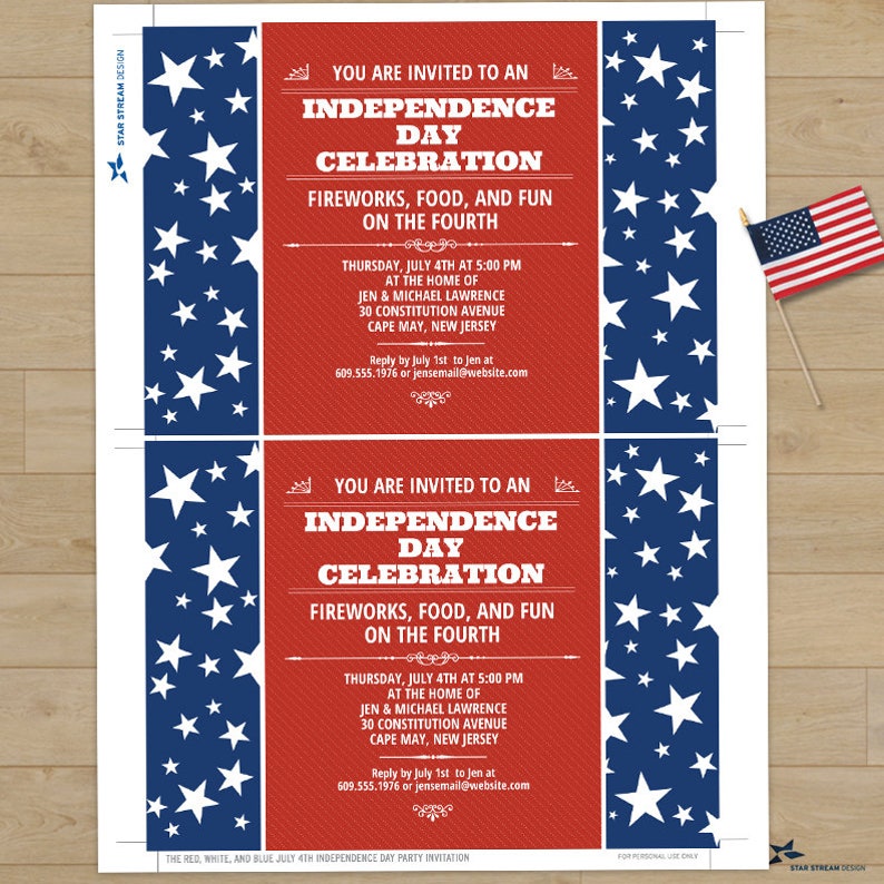 Red White and Blue Fourth of July Printable Party Invitation Template, Two 7x5 Invites, Editable PDF instant Download image 2