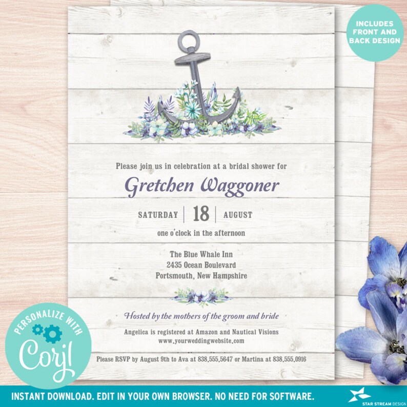 Puede incluir: Una invitaci&oacute;n de ducha nupcial azul y blanca con un ancla de acuarela y un dise&ntilde;o floral. La invitaci&oacute;n es para Gretchen Waggoner y est&aacute; programada para el s&aacute;bado 18 de agosto a la una de la tarde en The Blue Whale Inn. La direcci&oacute;n es 2435 Ocean Boulevard, Portsmouth, New Hampshire.