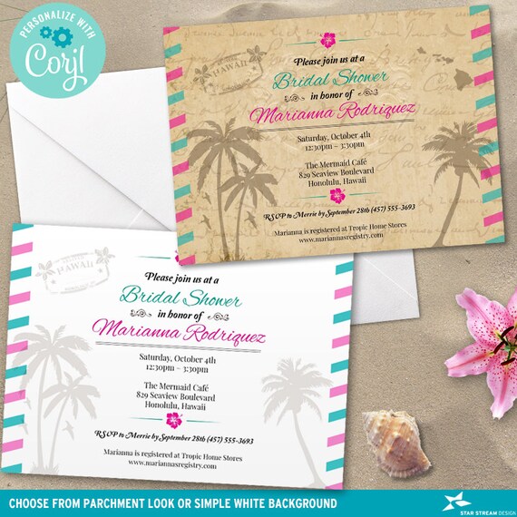 Vintage Hawaiian Island Airmail Bridal Shower Invitation | 2 background  options | 2-sided, 7x5 | Editable Template | Edit Online & Print by Star  Stream Design | Catch My Party