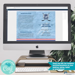 May include: A blue and white invitation for a Bar Mitzvah with a hockey theme. The invitation features a hockey stick and puck with the initials "MFG" and the date "0224". The text reads "The Bar Mitzvah of Michael Goldstein, Saturday, February 24th, 2023, 3 ADAR, 5783, B'ih Shalom Synagogue, Riverdale, New York, Rabbi Aviva L. Greenberg".